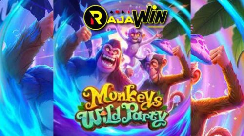 Tampilan slot Monkeys Wild Party PG Soft bertema pesta kera liar di hutan tropis.