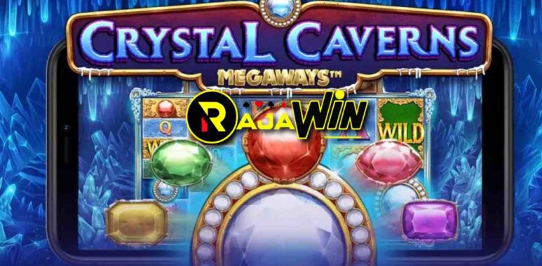Tampilan visual gameplay slot Crystal Caverns Megaways dari Pragmatic Play yang memperlihatkan batuan kristal berkilau di dalam gua es dan simbol multiplier.