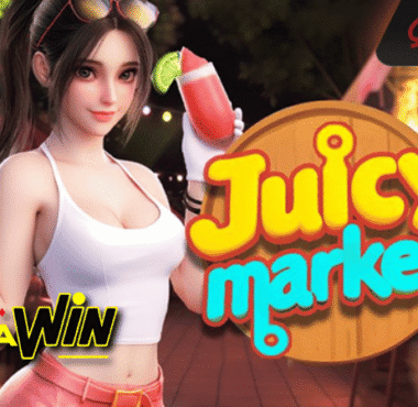 Tampilan slot Juicy Market Spadegaming bertema pasar buah-buahan segar penuh warna.