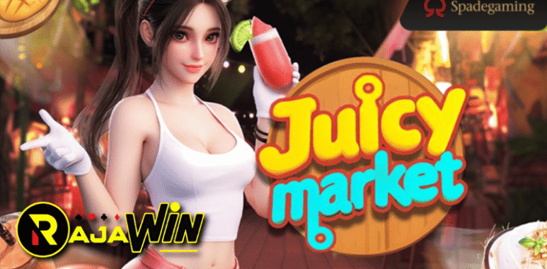 Tampilan slot Juicy Market Spadegaming bertema pasar buah-buahan segar penuh warna.
