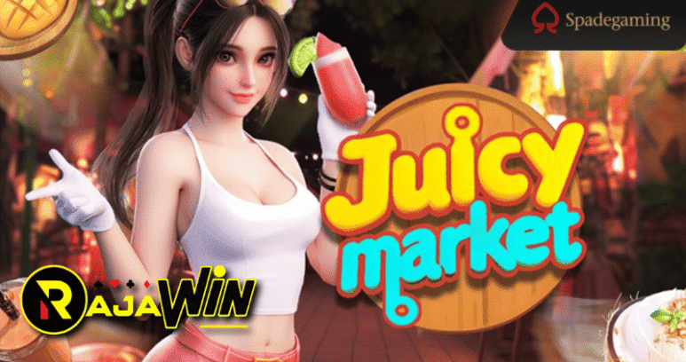 Tampilan slot Juicy Market Spadegaming bertema pasar buah-buahan segar penuh warna.