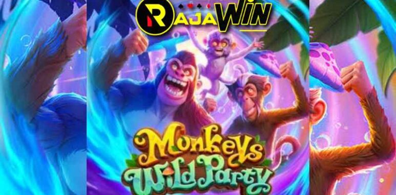 Tampilan slot Monkeys Wild Party PG Soft bertema pesta kera liar di hutan tropis.