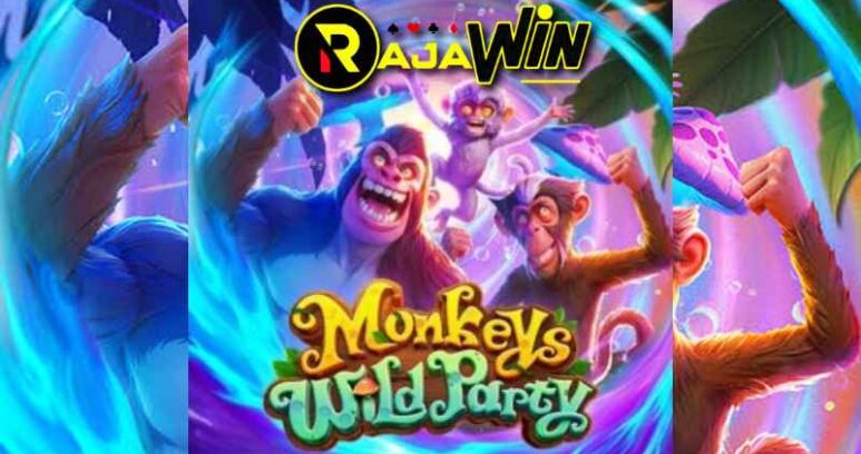 Tampilan slot Monkeys Wild Party PG Soft bertema pesta kera liar di hutan tropis.